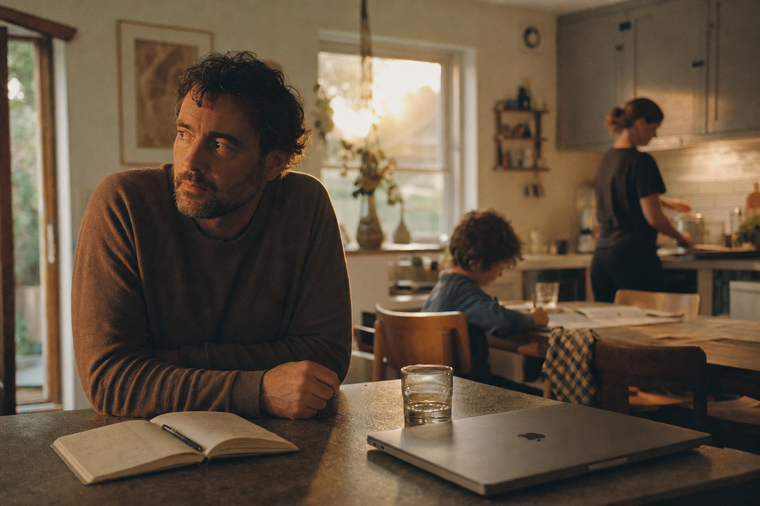 A founder home in the evening, family in the background.