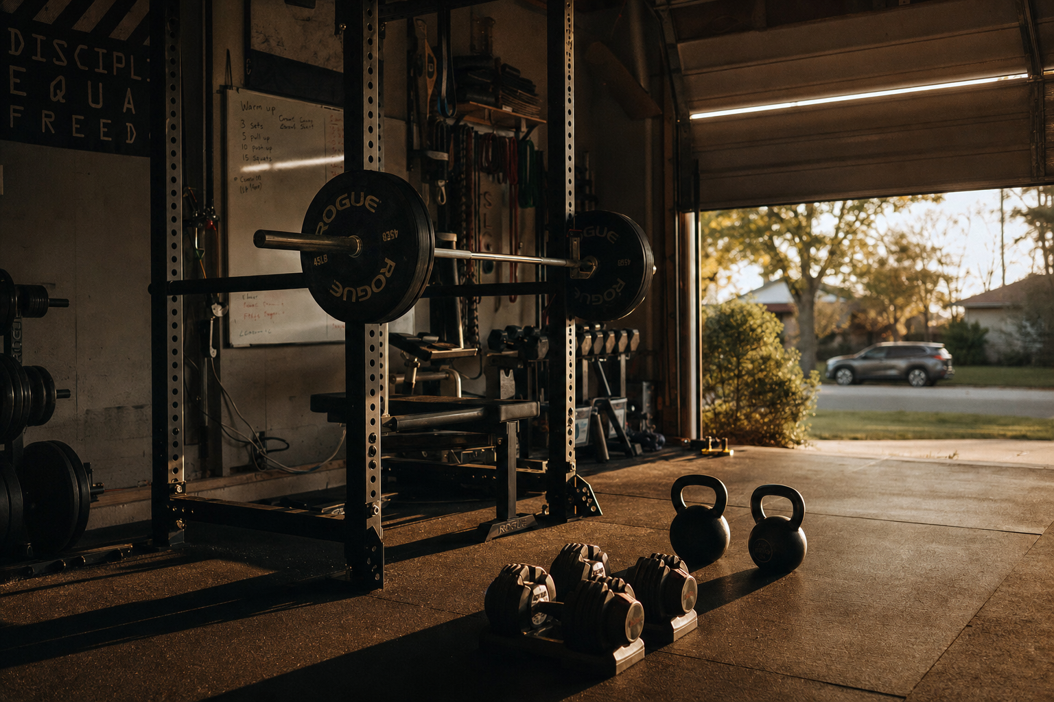 A home garage gym with rack, kettlebells, and dumbbells in golden evening light.