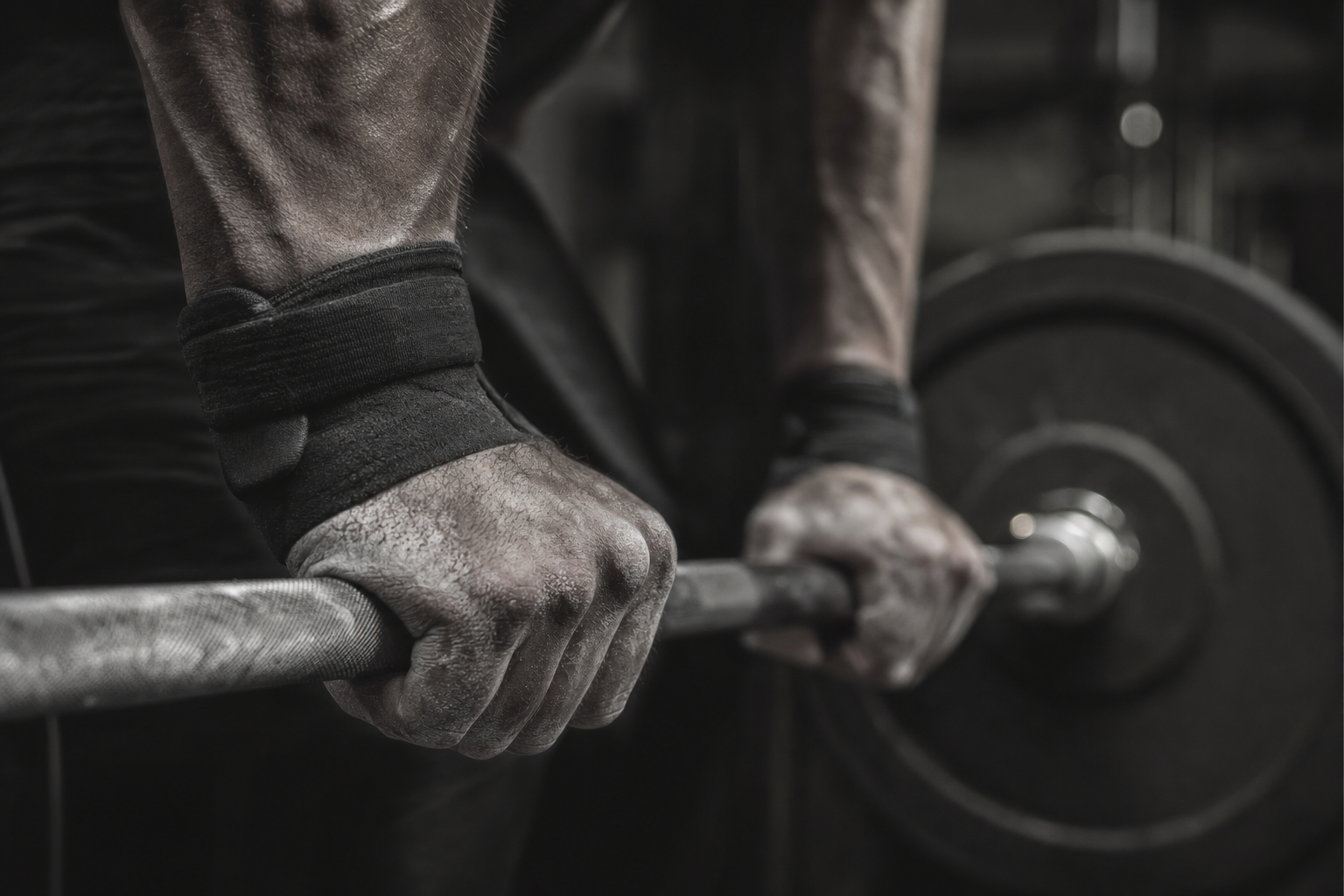 Chalked hands on a barbell.