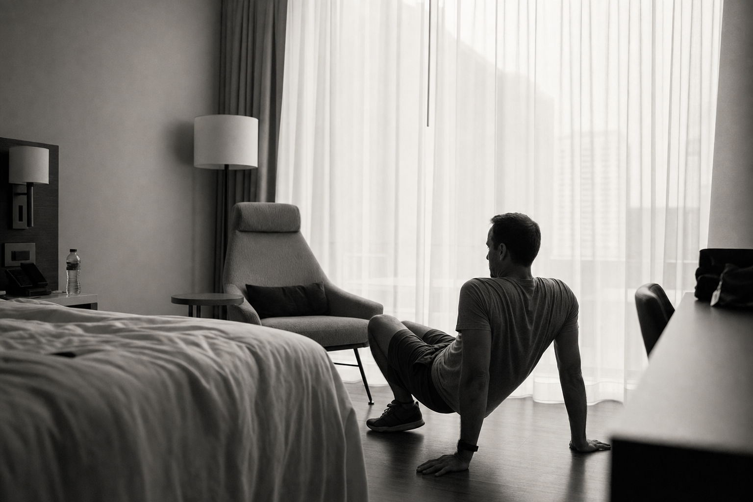 A founder training in a hotel room in soft morning light.